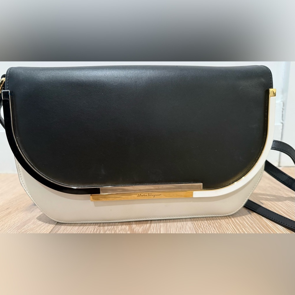Salvatore Ferragamo Vintage Black & Winter White  Leather Bag. 2 Tone Hardware.